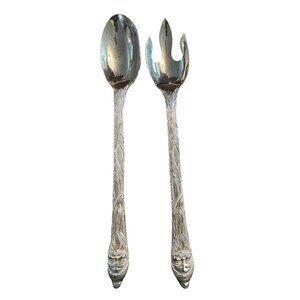 Vintage Silver-Plated Salad Server Set With Intricate Face Design Handles